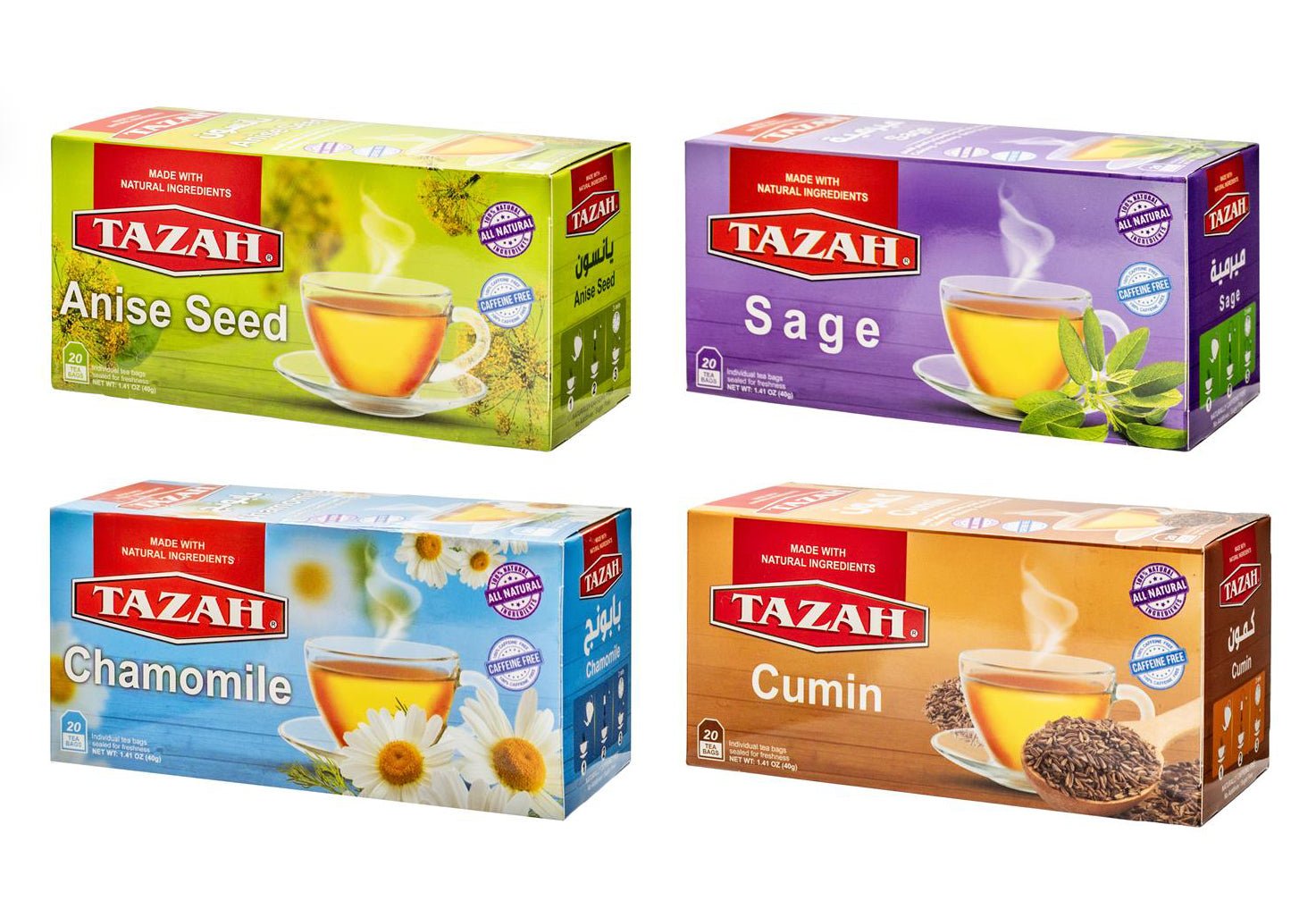 【4 PACK】Tazah Herbal Tea Bundle - Anise, Sage, Chamomile, Cumin (80 x 2g Bags) - Mideast Grocers