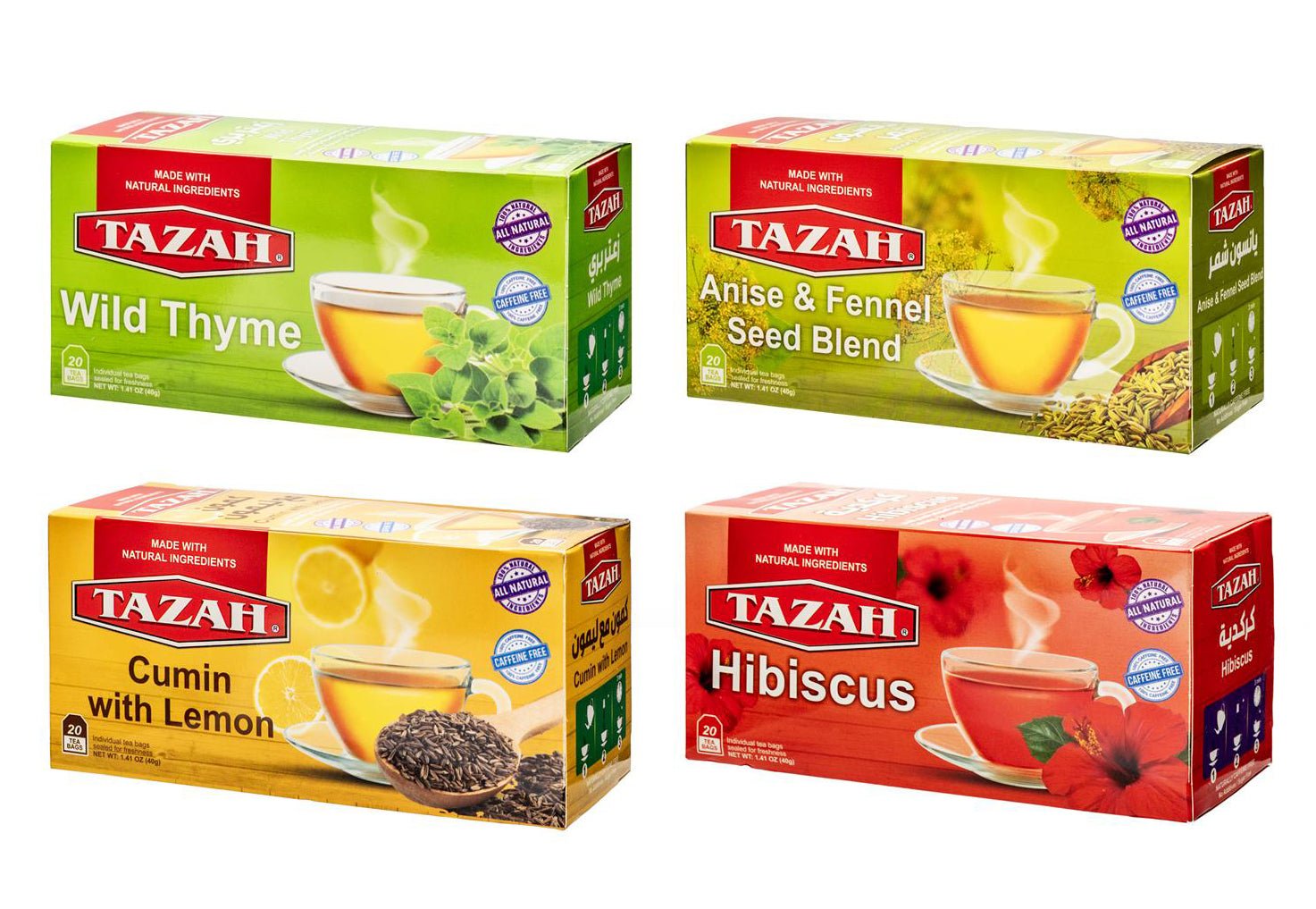 【4 PACK】Tazah Herbal Tea Bundle - Wild Thyme, Anise & Fennel Seed Blend, Cumin with lemon, Hibiscus (80 x 2g Bags) - Mideast Grocers