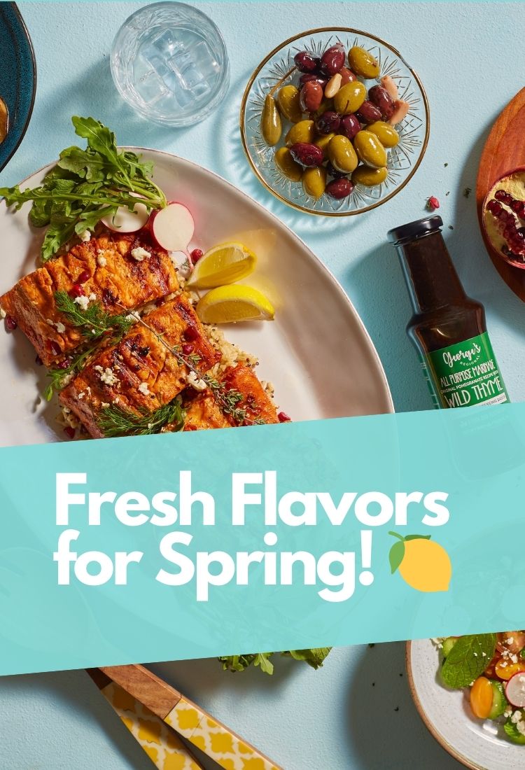 Fresh spring flavors banner featuring Middle Eastern ingredients like herbs, spices, and seasonal delights from Mideast Grocers.