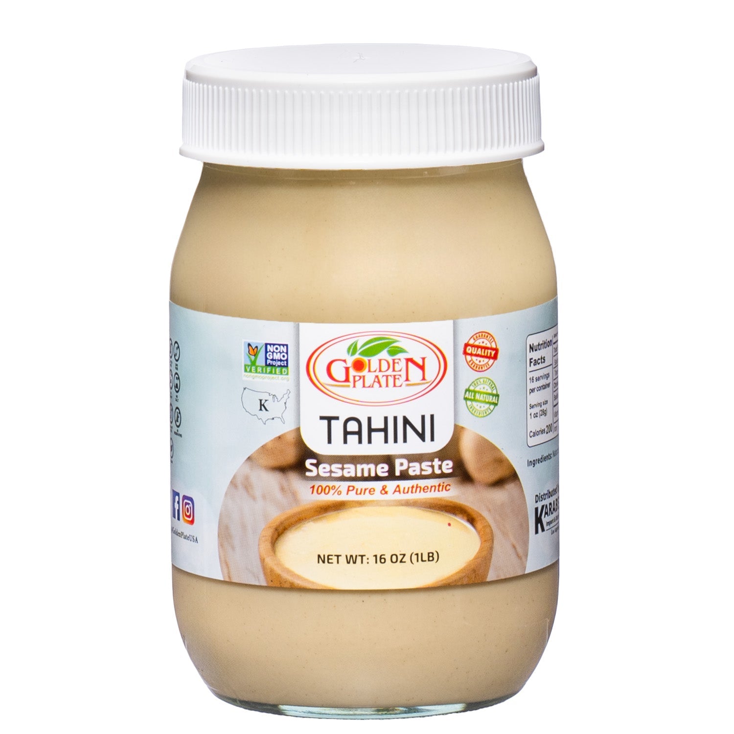 Golden Plate Sesame Paste Tahini - 1 lb (16 oz) in Glass Jar - Mideast Grocers