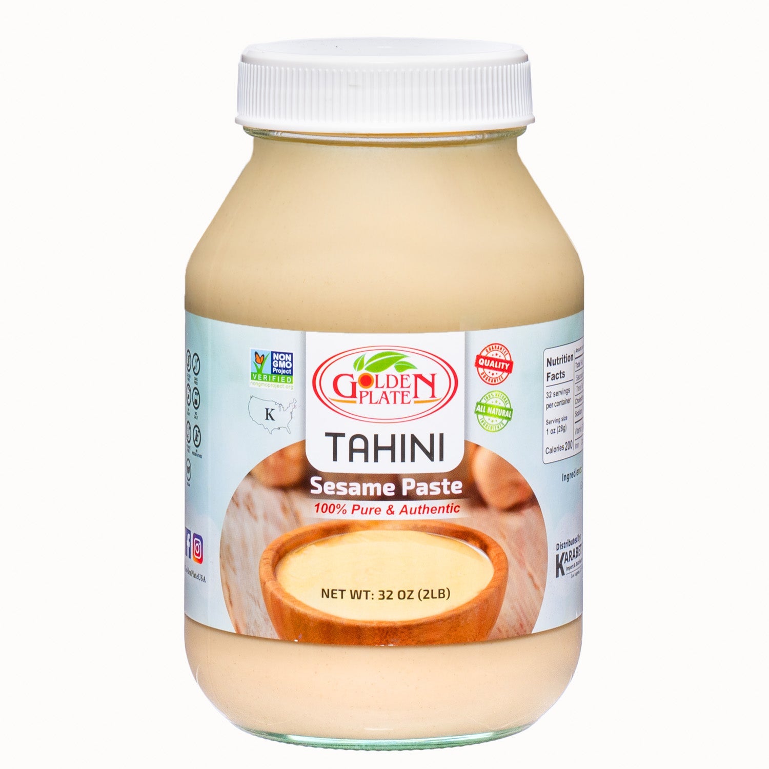 Golden Plate Sesame Paste Tahini - 2 lb (32 oz) in Glass Jar - Mideast Grocers