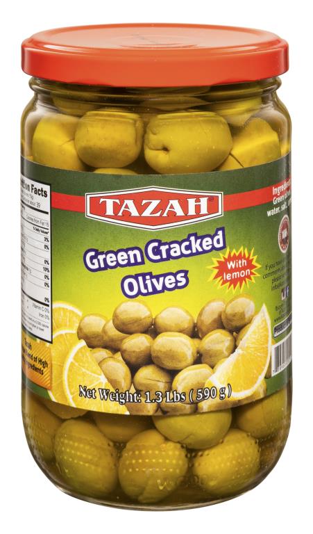 Tazah Green Cracked Olives with Lemon 1.3 lb (590g) - Mideast Grocers