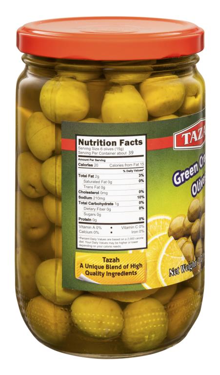 Tazah Green Cracked Olives with Lemon 1.3 lb (590g) - Mideast Grocers