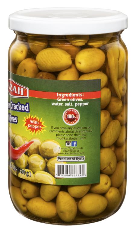 Tazah Green Cracked Olives with Pepper 1.3 lb (590g) - Mideast Grocers