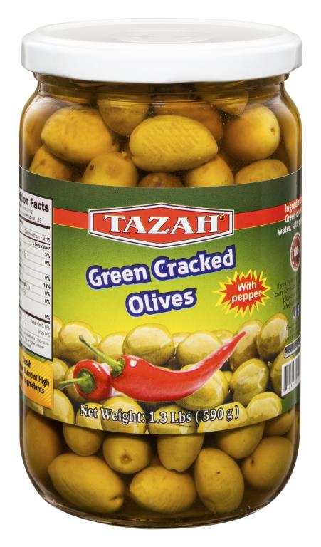 Tazah Green Cracked Olives with Pepper 1.3 lb (590g) - Mideast Grocers