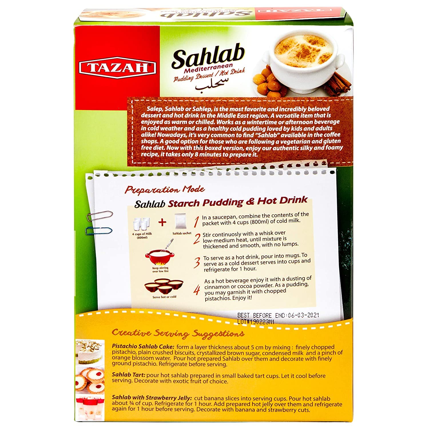 Tazah Sahlab Mix, 3 - Pack (7 oz/200g Each) – Authentic Mediterranean Pudding Blend, Easy to Prepare - Mideast Grocers