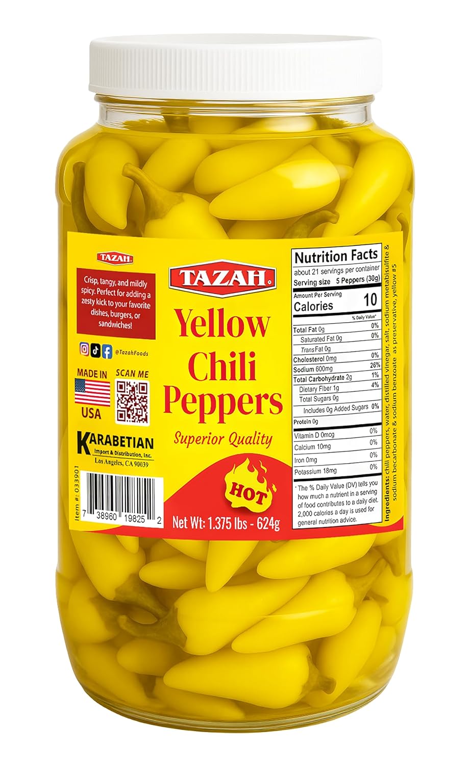 Tazah USA Yellow Hot Chili Peppers – 22 oz (624g) Glass Jar - Mideast Grocers