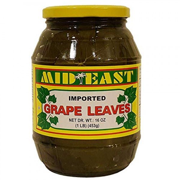 Mid East Grape Leaves 16 Ounce (1 lb) Glass Jar - 454g - Mideast Grocers